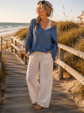POL Dusty Blue Open Knit Hooded Sweater Boho Beachy Pocket Pullover Size Small
🌊
